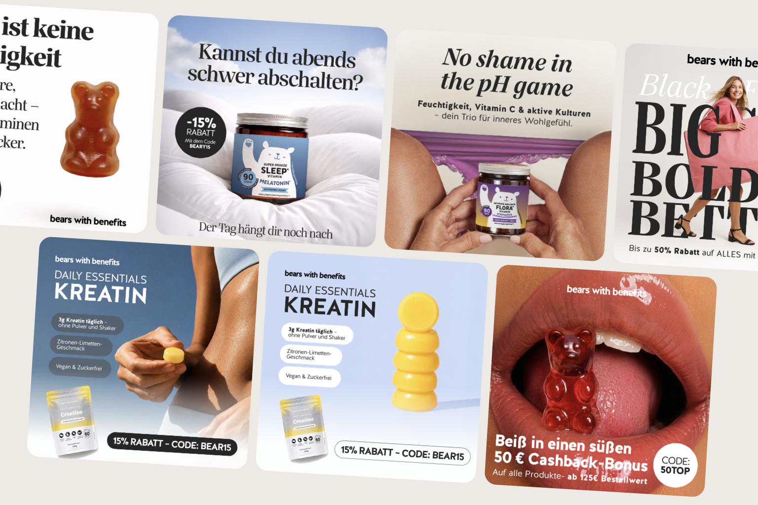 A diagonal montage of Bears With Benefits performance ads across product benefits, seasonal offers, sleep, and Daily Essentials.
